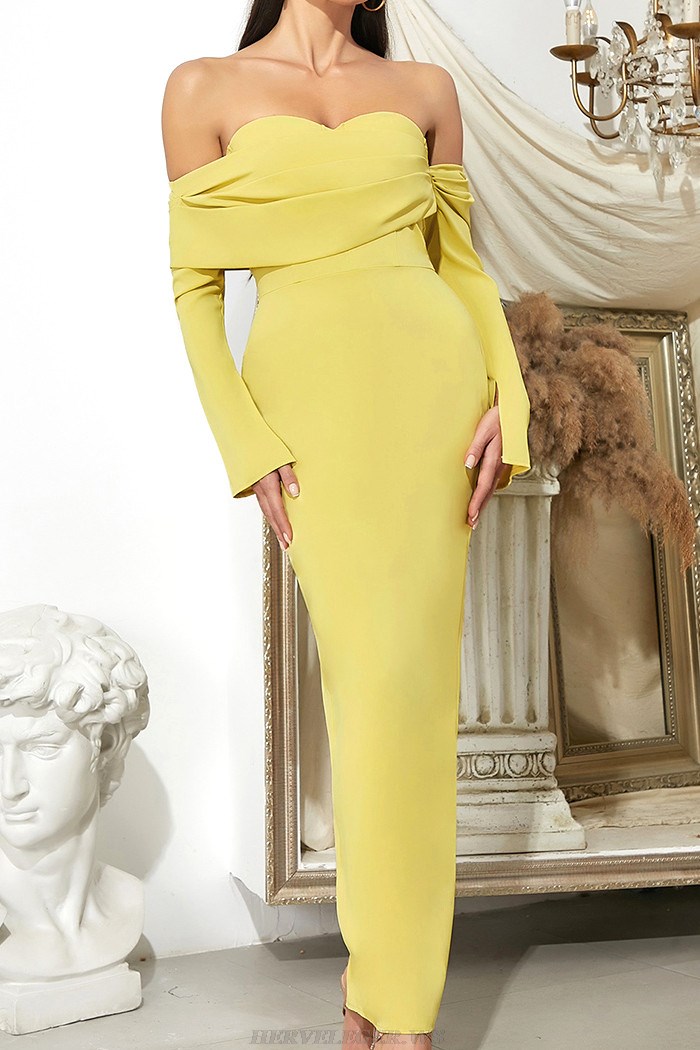Herve Leger Yellow Long Sleeve Draped Off Shoulder Gown