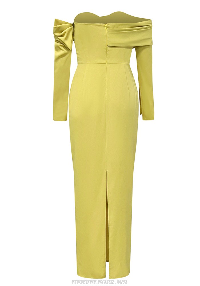Herve Leger Yellow Long Sleeve Draped Off Shoulder Gown