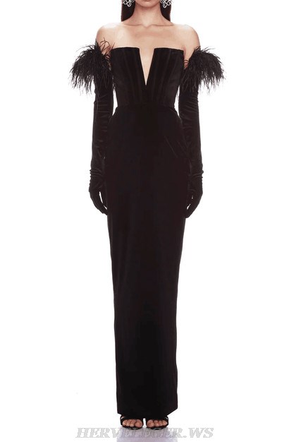 Herve Leger Black Long Sleeve Feather Corset Gown