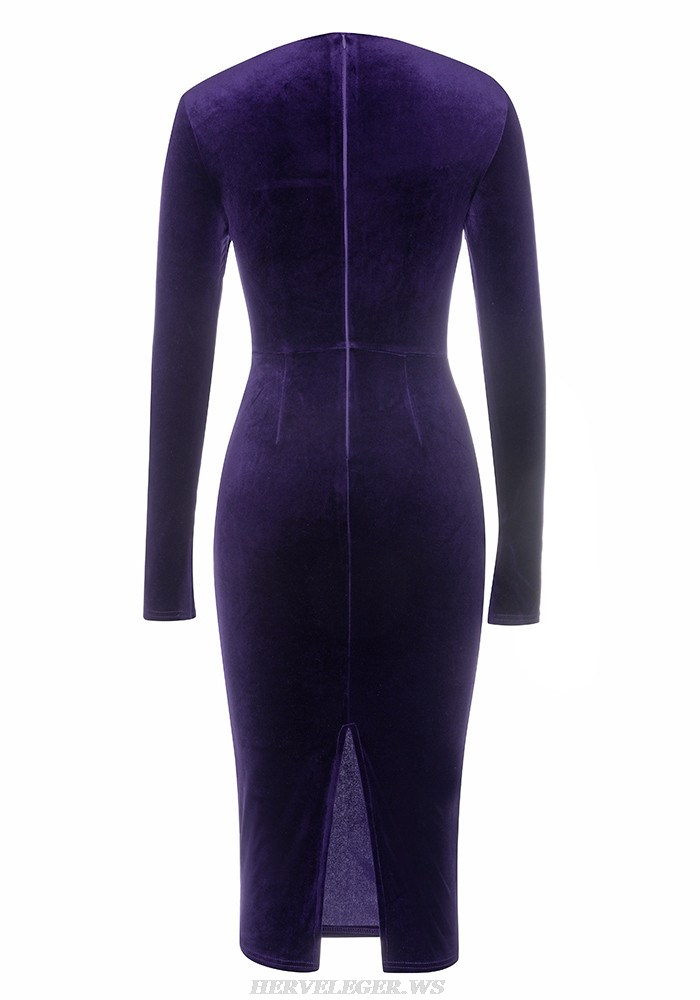 Herve Leger Purple Long Sleeve Lace Corset Midi Velvet Dress