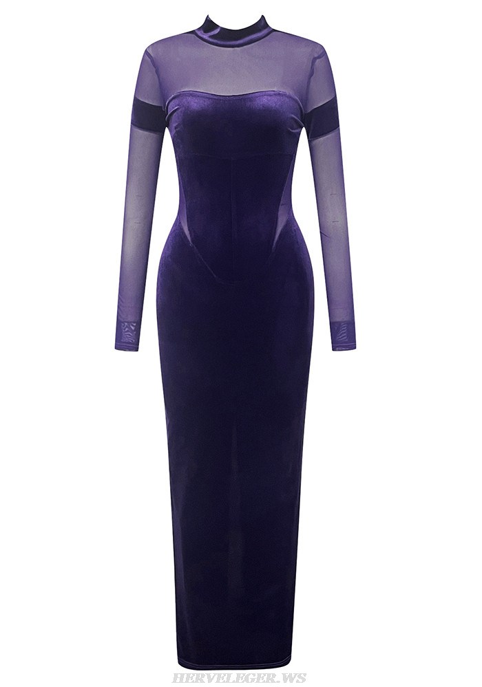 Herve Leger Purple Long Sleeve Mesh Style Velvet Gown