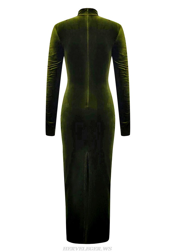 Herve Leger Green Long Sleeve Mesh Style Midi Velvet Dress