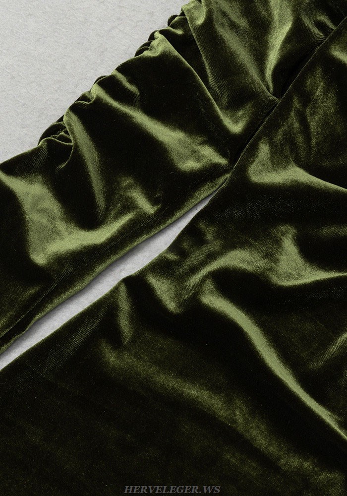Herve Leger Green Long Sleeve Mesh Style Midi Velvet Dress