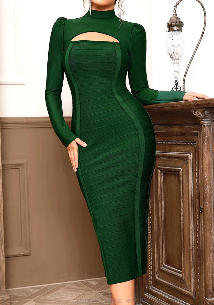 Herve Leger Green Long Sleeve Midi Dress