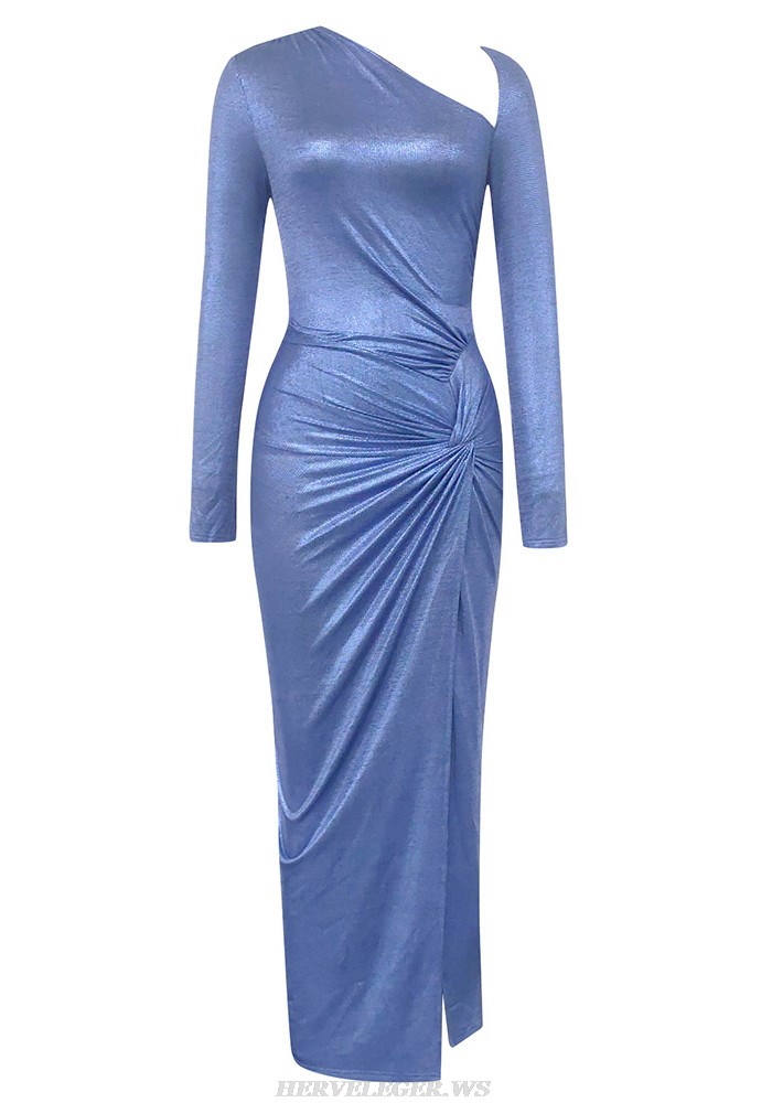 Herve Leger Blue Long Sleeve Sparkly Draped Gown
