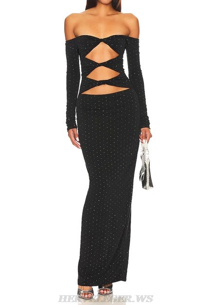 Herve Leger Black Long Sleeve Studded Gown