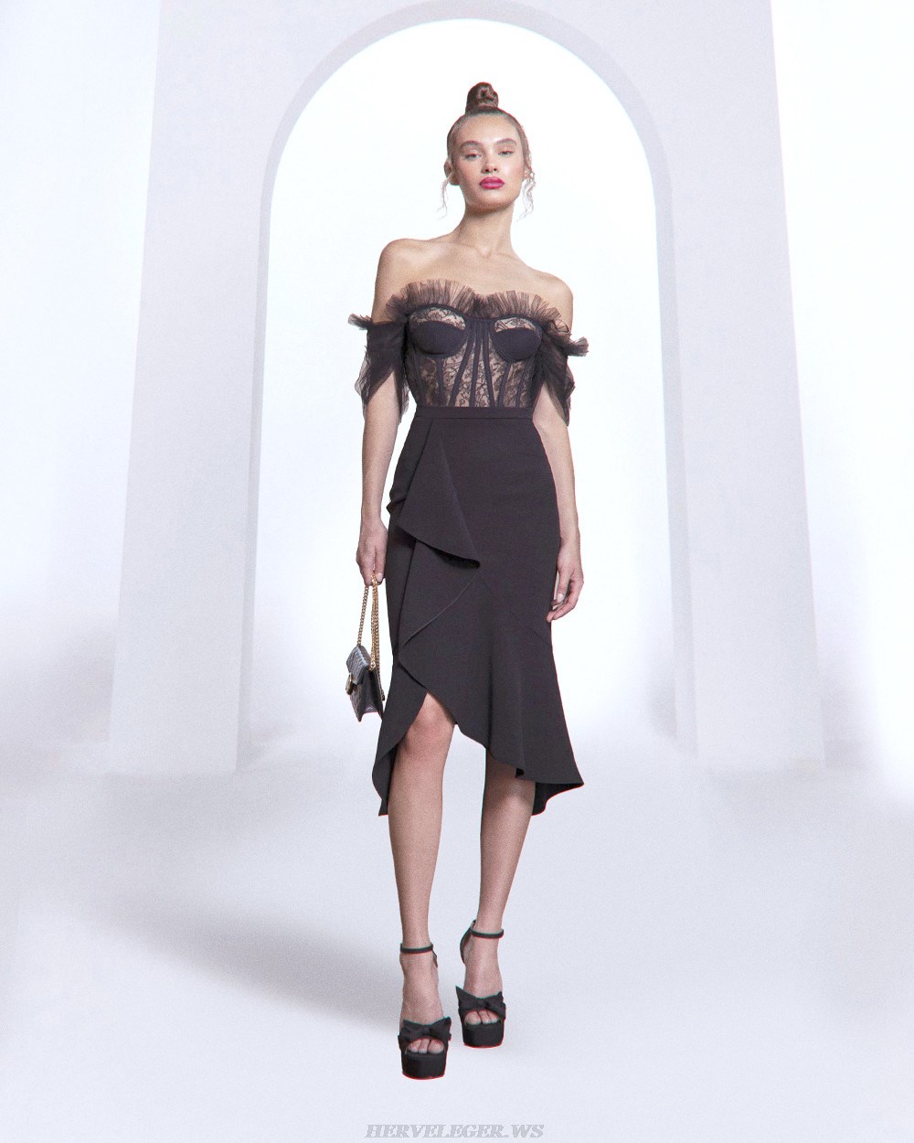 Herve Leger Black Off Shoulder Lace Bustier Midi Dress
