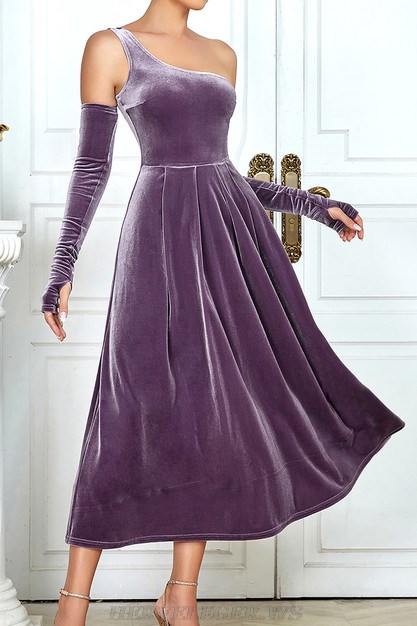 Herve Leger Purple One Shoulder A Line Midi Velvet Dress