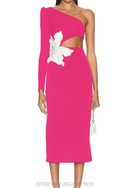 Herve Leger Hot Pink One Sleeve Pearl Flower Midi Dress
