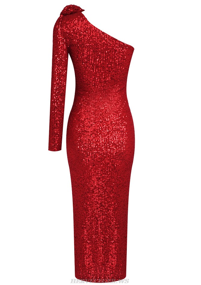 Herve Leger Red One Sleeve Sequin Midi Dress