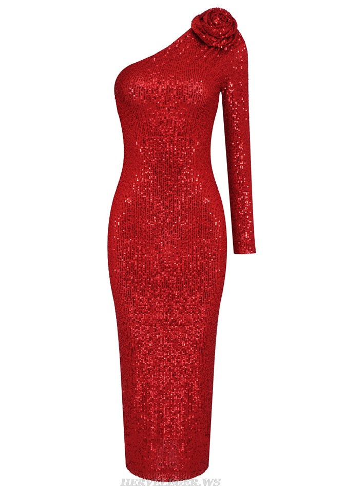 Herve Leger Red One Sleeve Sequin Midi Dress