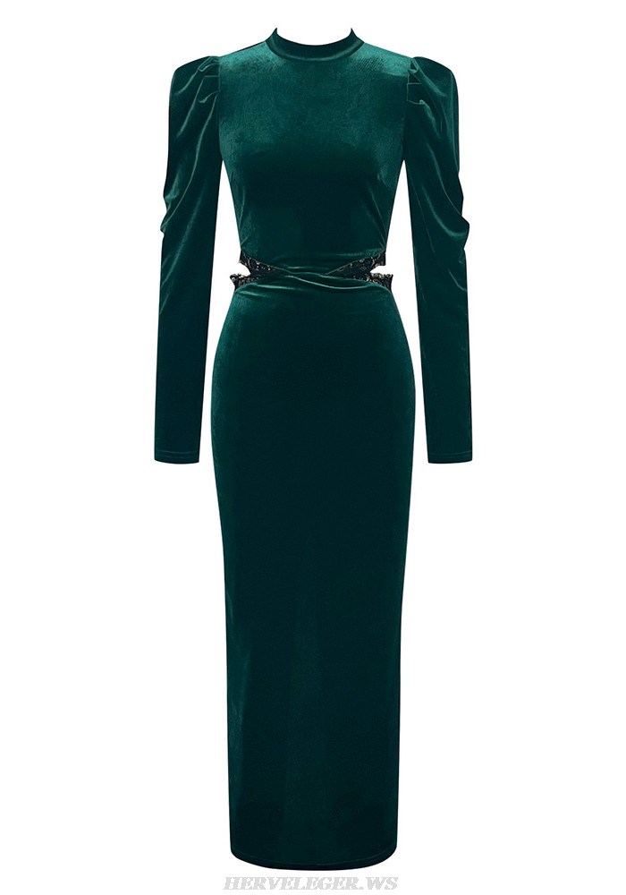 Herve Leger Green Puff Long Sleeve Lace Style Midi Velvet Dress