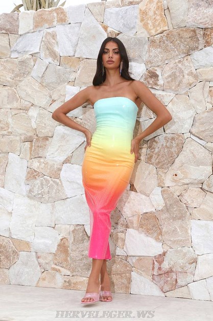 Herve Leger Rainbow Strapless Design Sequin Midi Dress