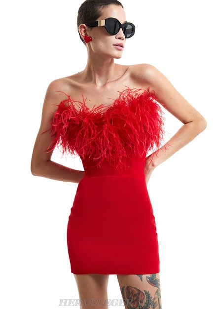 Herve Leger Red Strapless Feather Dress