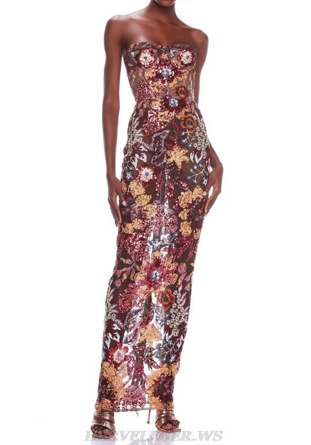 Herve Leger Strapless Floral Sequined Gown