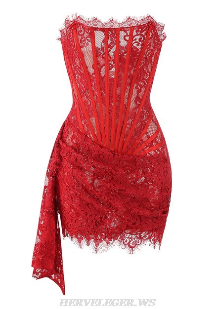 Herve Leger Red Strapless Lace Draped Corset Dress
