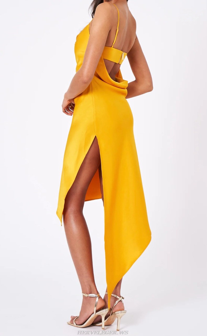 Herve Leger Yellow Asymmetric Hem Midi Silk Dress