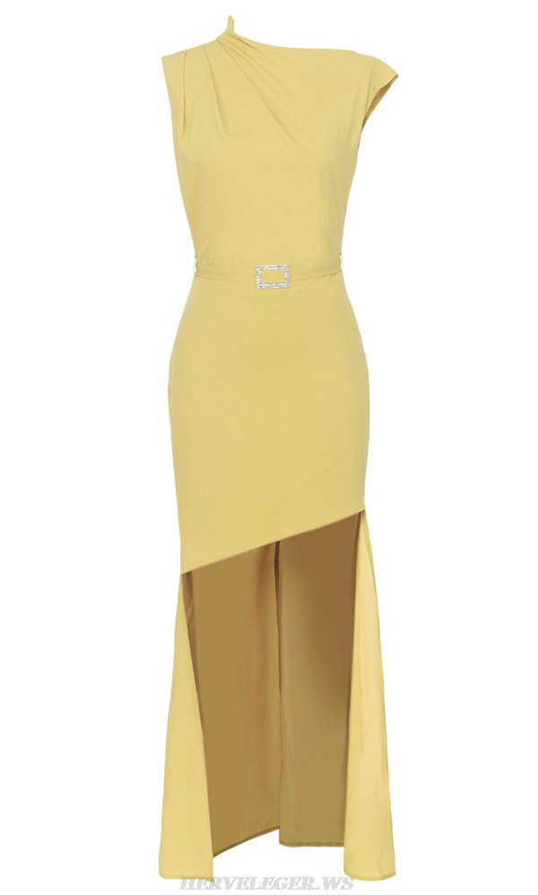 Herve Leger Yellow Belt High Low Gown