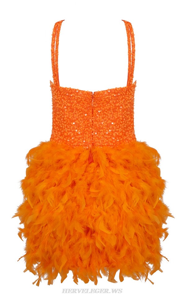 Herve Leger Orange Bustier Sequin Feather Dress