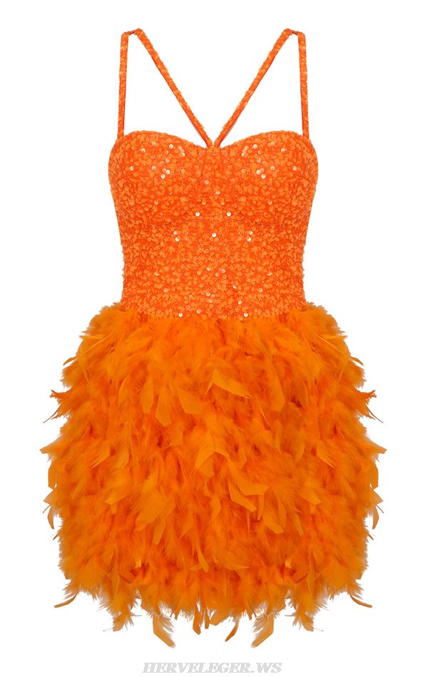 Herve Leger Orange Bustier Sequin Feather Dress