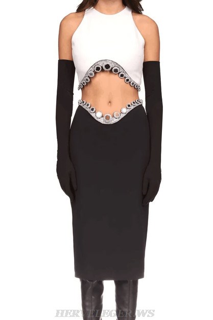 Herve Leger Black White Crystal Two Piece Midi Dress