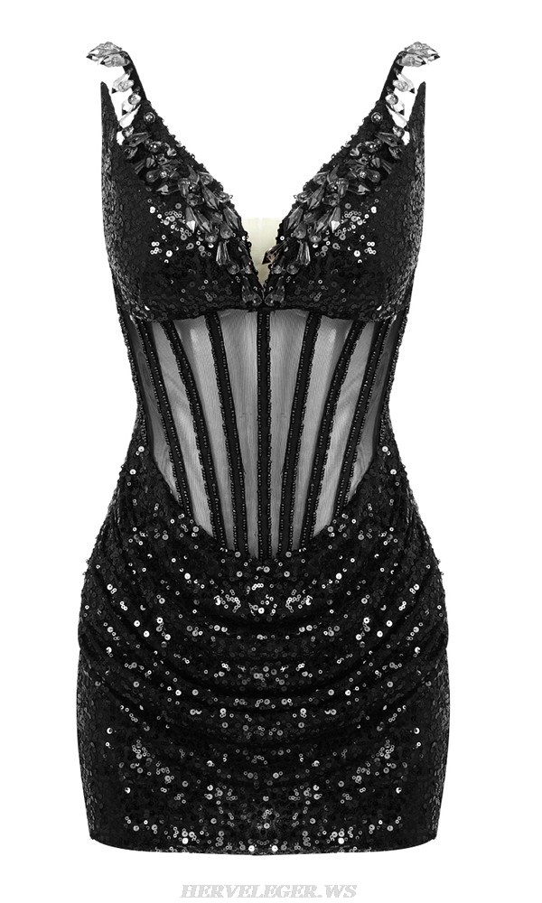 Herve Leger Black Crystal Sequin Bustier Draped Dress