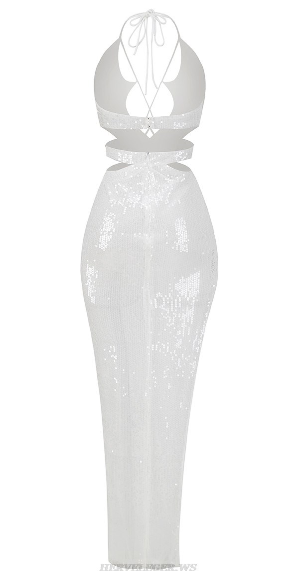 Herve Leger White Cut Out Sequin Gown