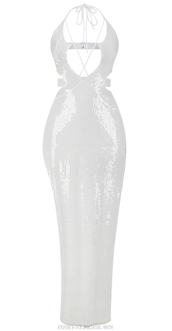 Herve Leger White Cut Out Sequin Gown