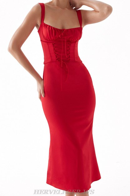 Herve Leger Red Draped Bustier Corset Midi Dress