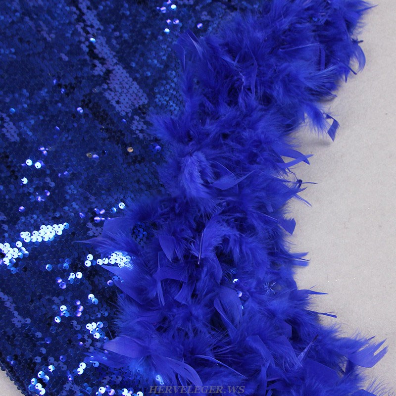 Herve Leger Blue Feather Sequin Gown