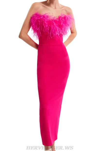Herve Leger Hot Pink Feather Strapless Gown