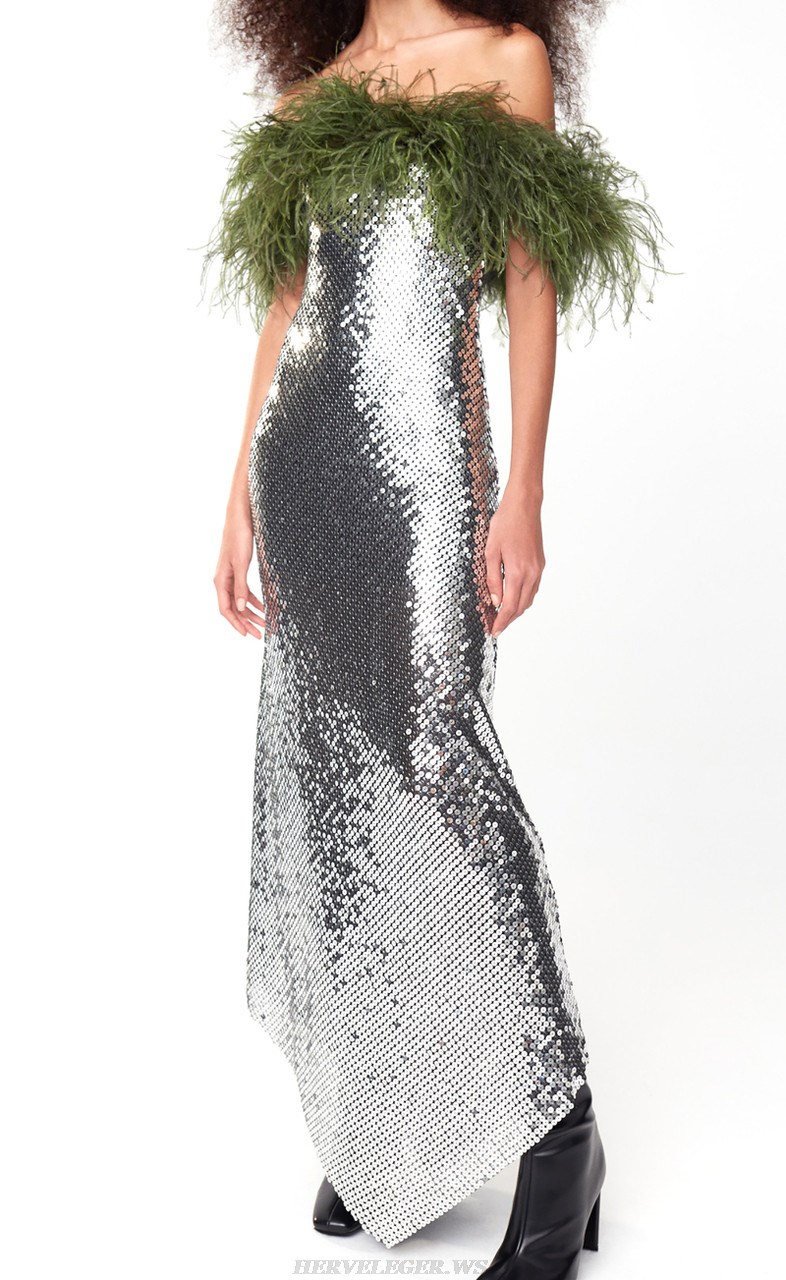 Herve Leger Green Silver Feather Off Shoulder Sequin Gown