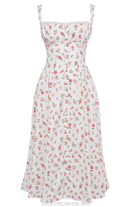 Herve Leger White Floral Corset A Line Midi Dress