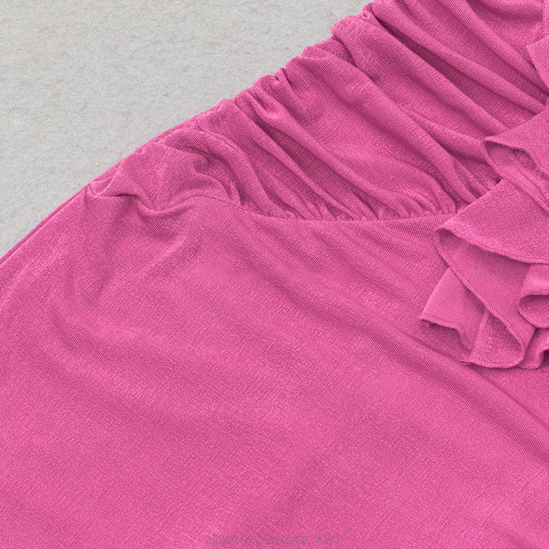 Herve Leger Hot Pink Flower Ruffle Ruched Midi Dress