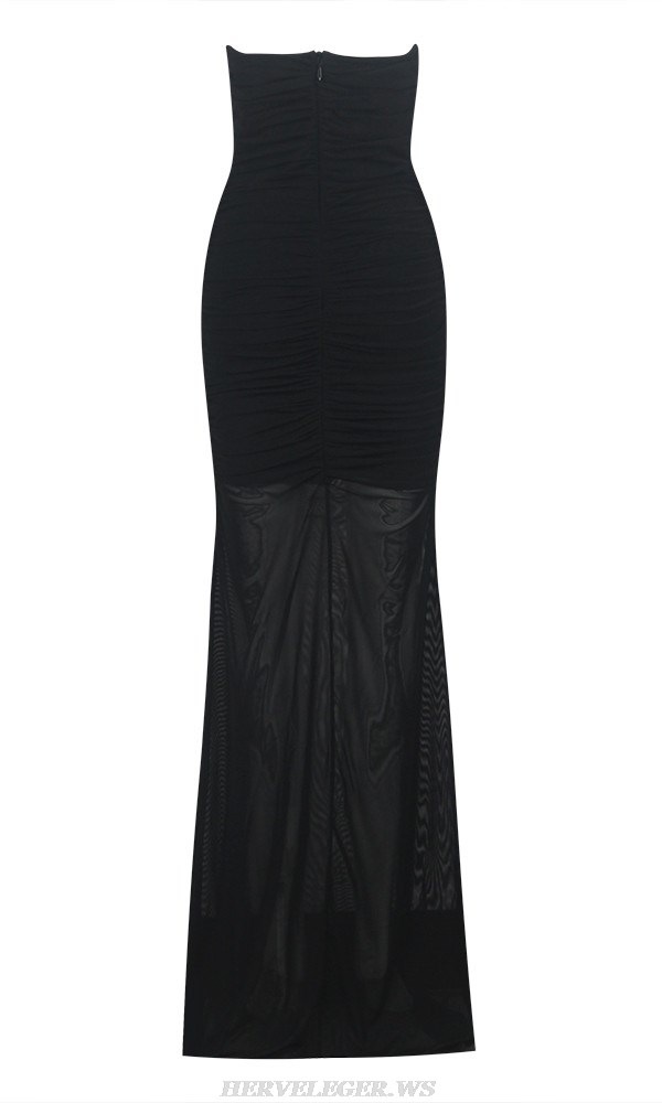 Herve Leger Black Flower Strapless Ruched Gown