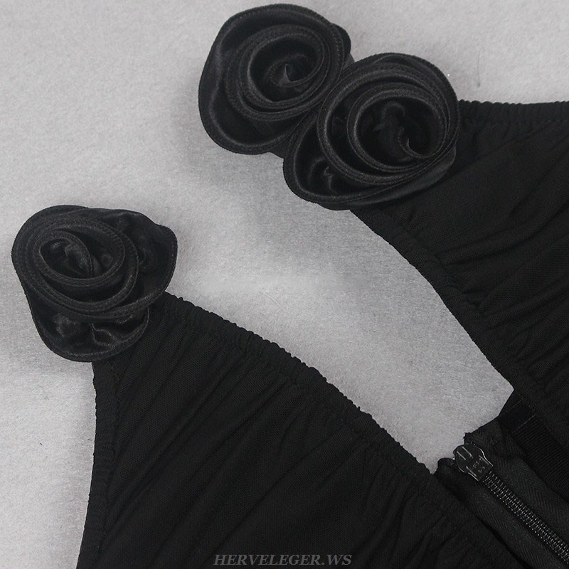 Herve Leger Black Flower Strapless Ruched Gown