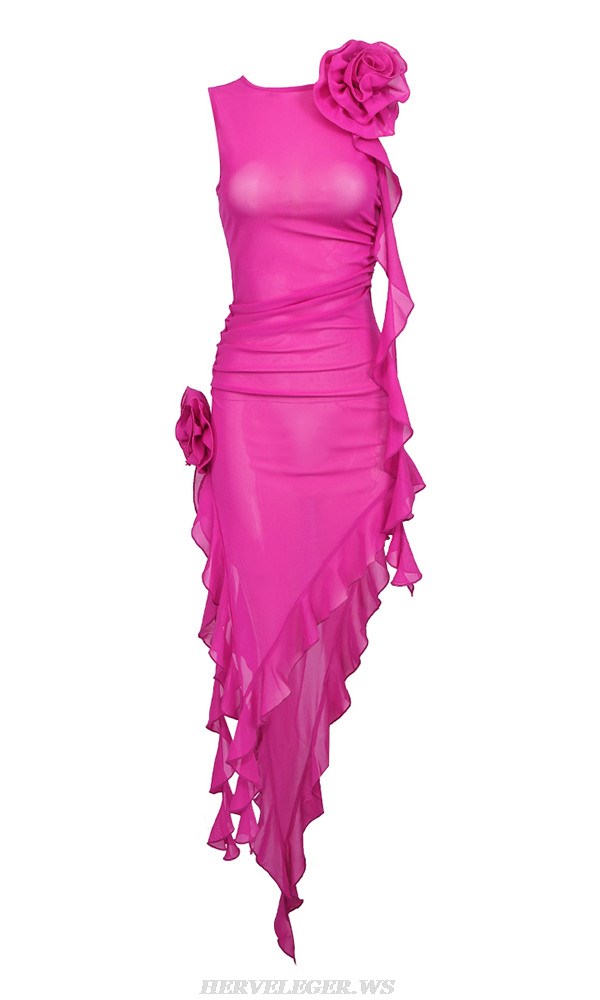 Herve Leger Hot Pink Flower Ruffle Draped Dress