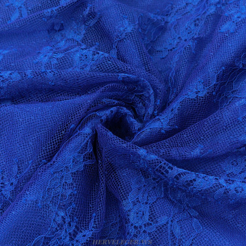 Herve Leger Blue Halter Corset Draped Lace Gown