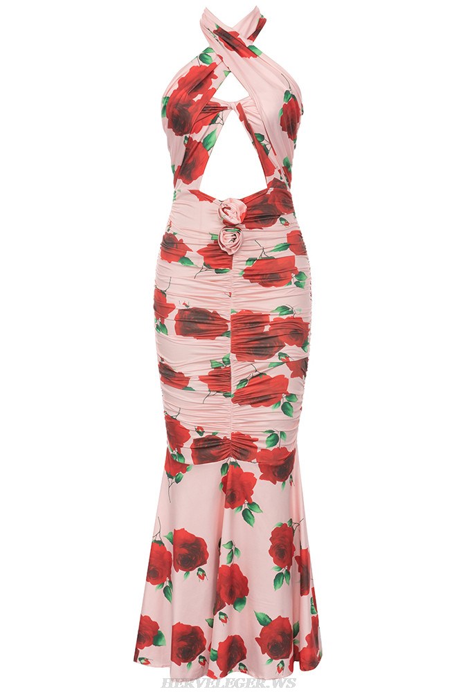 Herve Leger Pink Red Halter Floral Draped Mermaid Gown