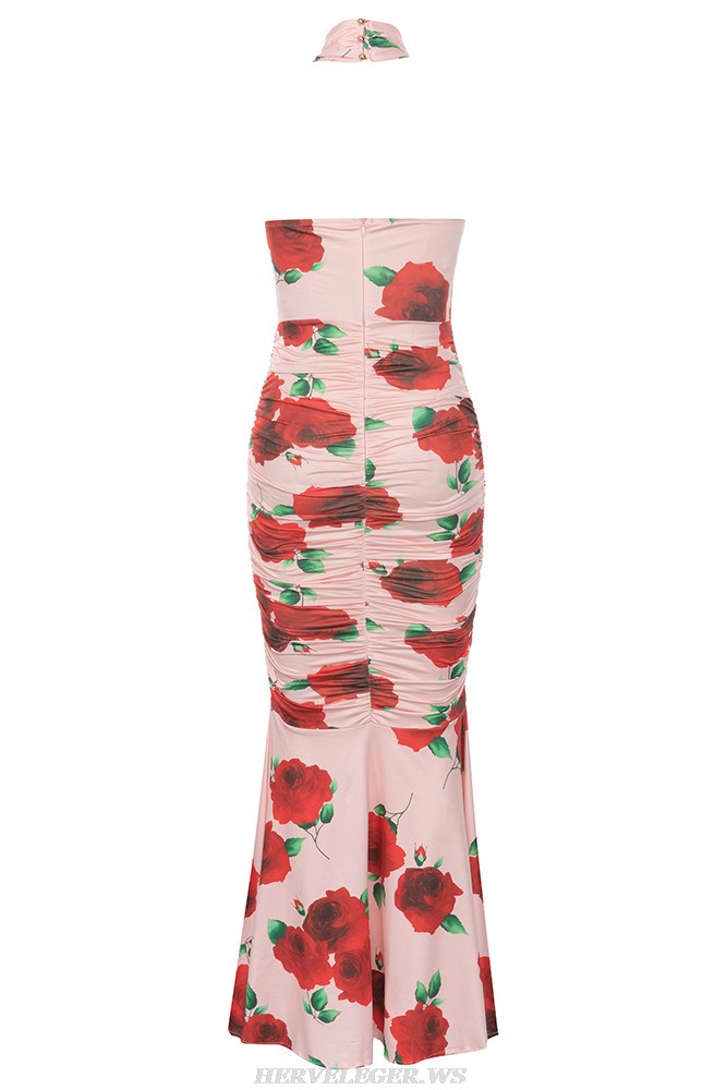 Herve Leger Pink Red Halter Floral Draped Mermaid Gown