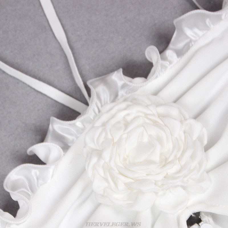 Herve Leger White Halter Flower Ruffle Gown