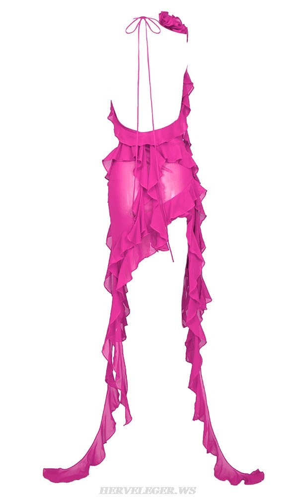 Herve Leger Hot Pink Halter Ruffle Flower Dress