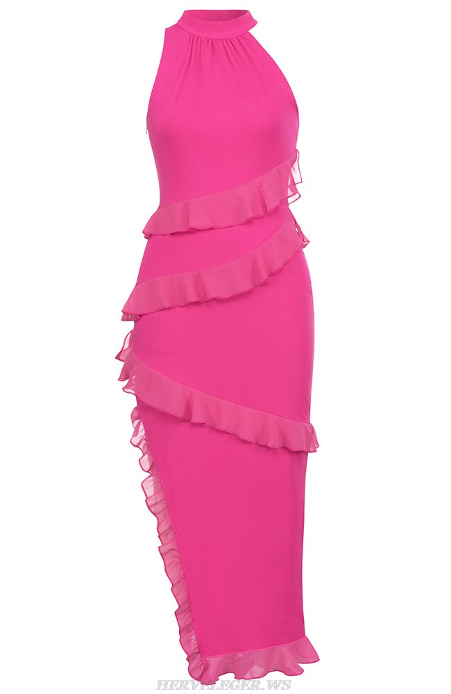 Herve Leger Hot Pink Halter Ruffle Gown