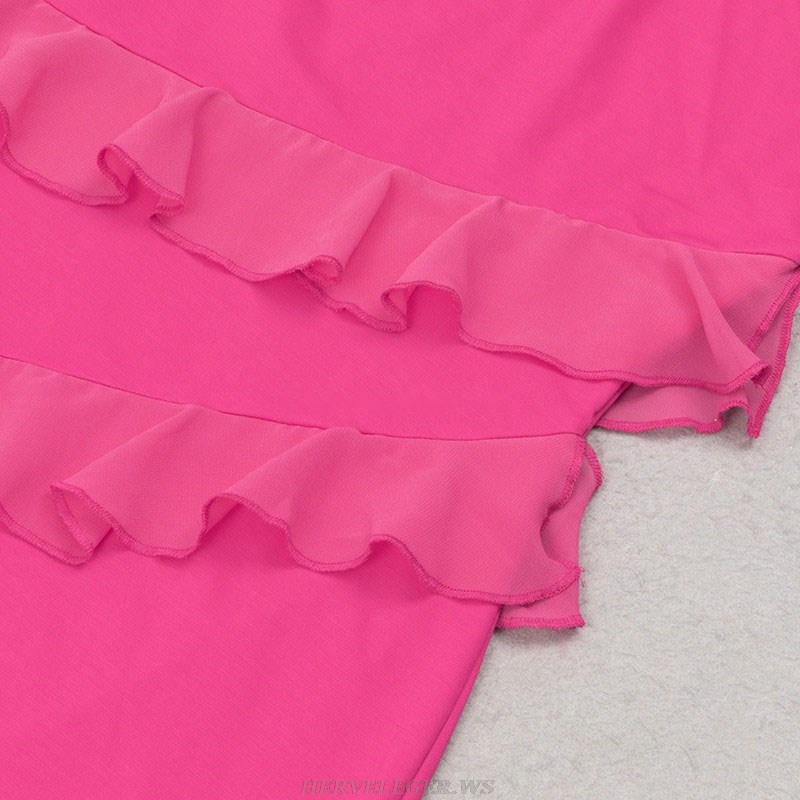 Herve Leger Hot Pink Halter Ruffle Gown