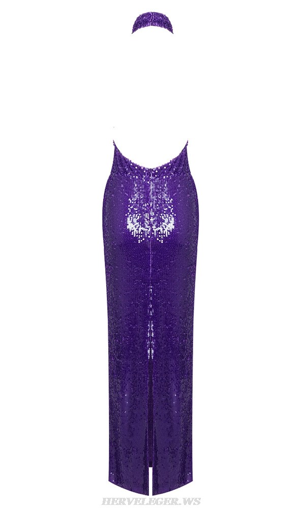 Herve Leger Purple Halter Sequin Backless Gown