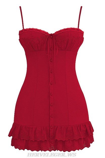 Herve Leger Red Lace Bustier Ruffle Dress