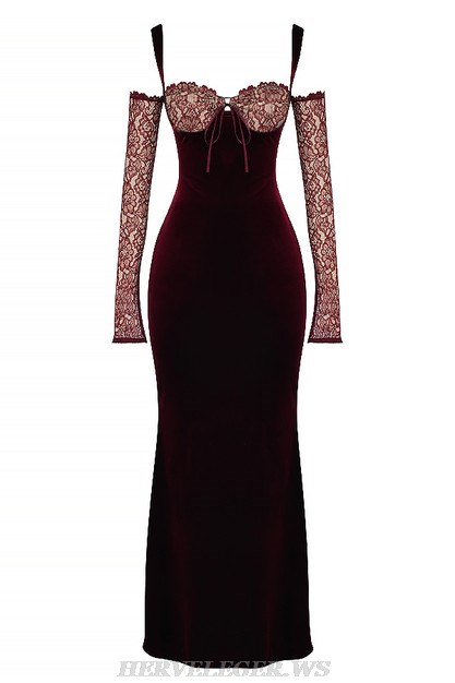 Herve Leger Burgundy Lace Long Sleeve Bustier Gown