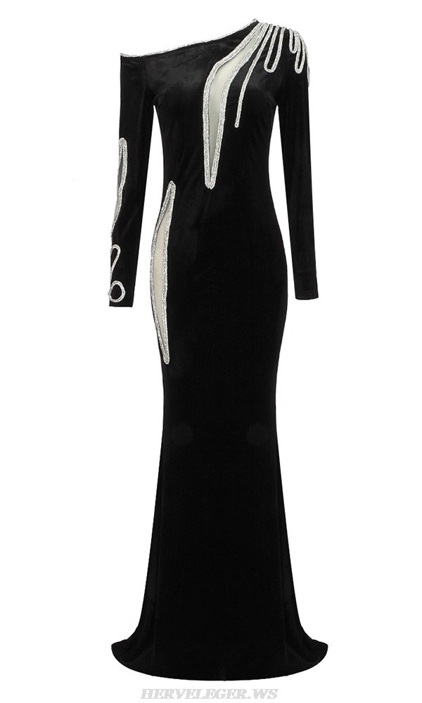 Herve Leger Black Long Sleeve Crystal Gown