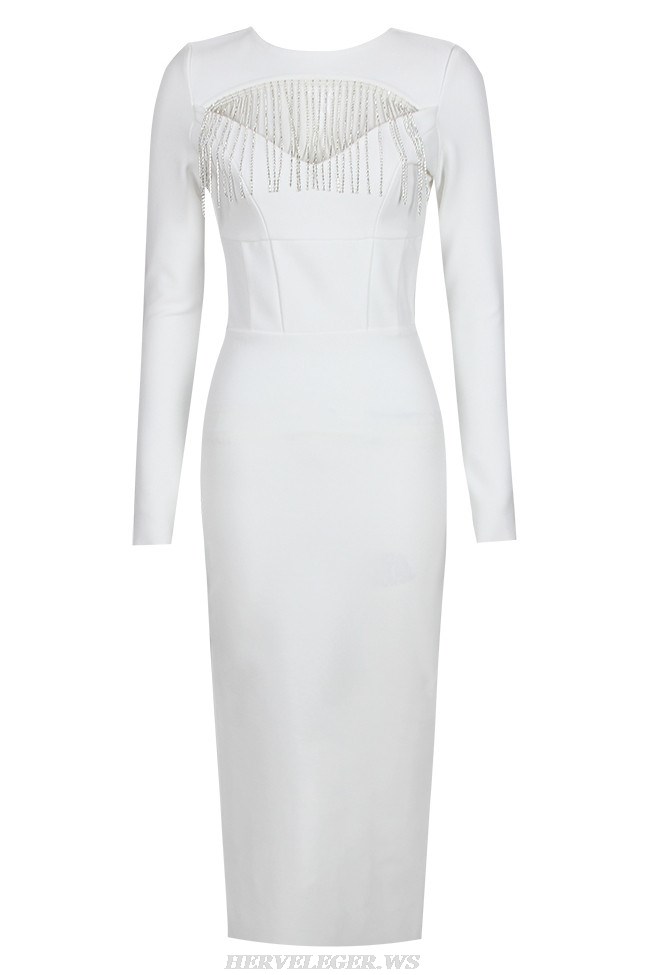 Herve Leger White Long Sleeve Crystal Tassel Midi Dress