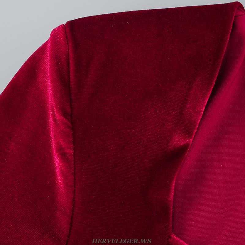 Herve Leger Red Long Sleeve Draped Midi Velvet Dress